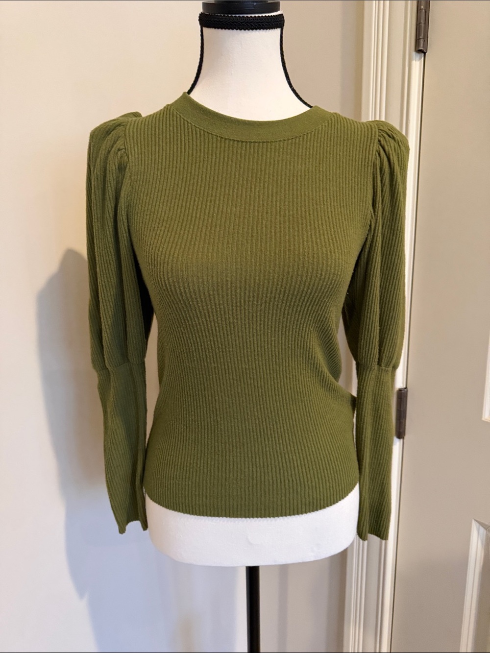 Nation LTD Olive Ribbed Puff-Sleeve Sweater Top